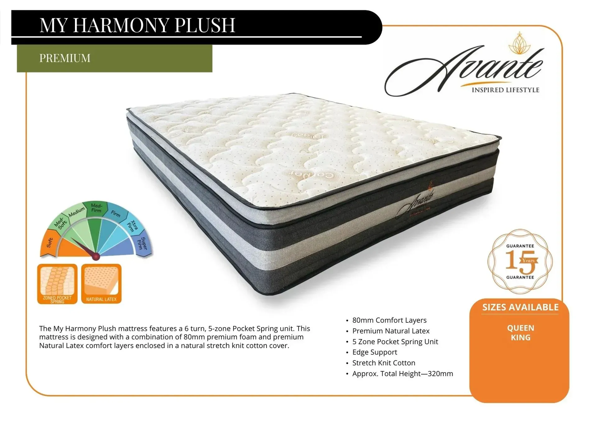 Mattress ad showing a white-and-gray pillow-top mattress with product details and a 15-year warranty badge.