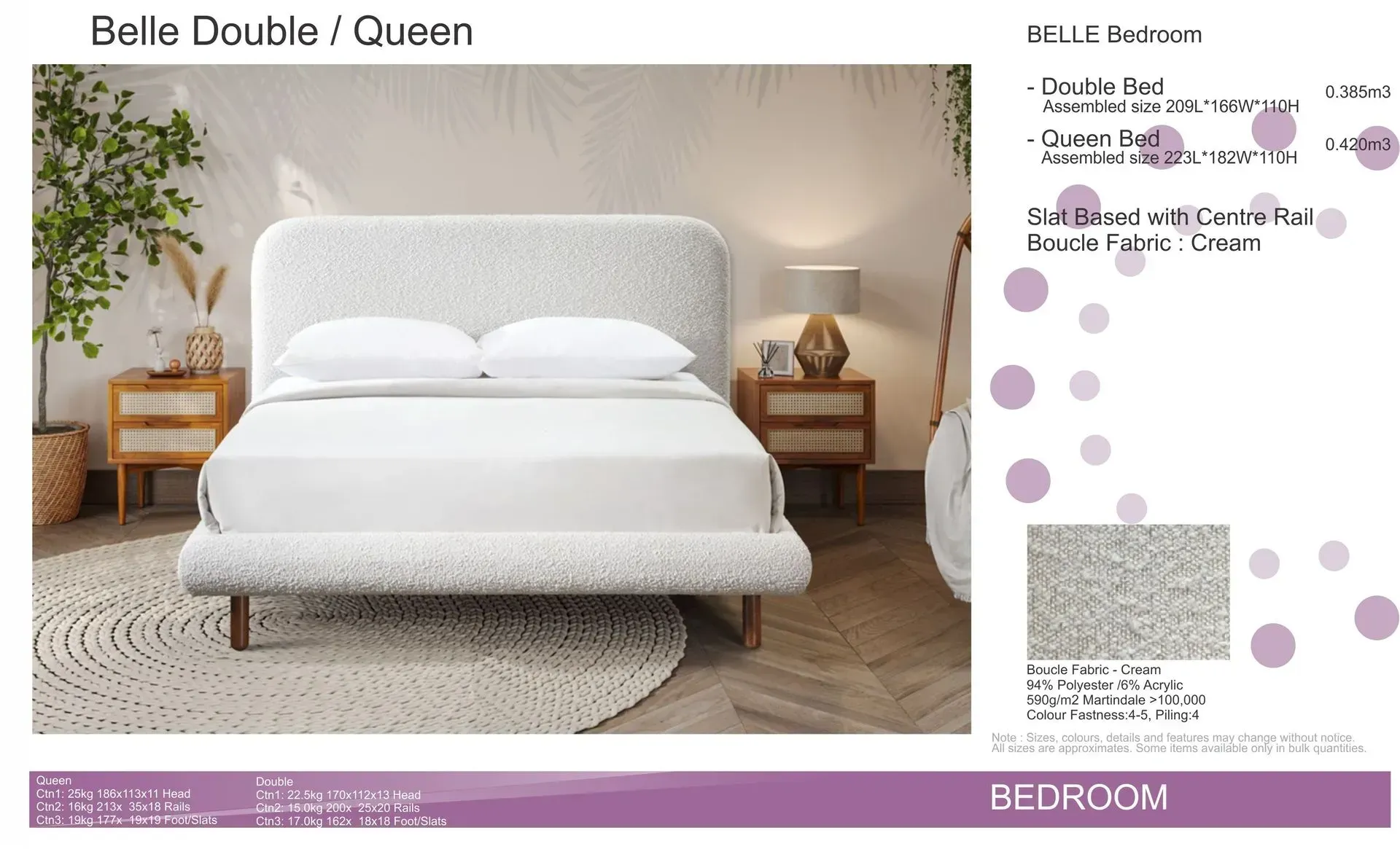 Queen bed in a bright bedroom with white bedding, two wooden nightstands, and soft neutral decor