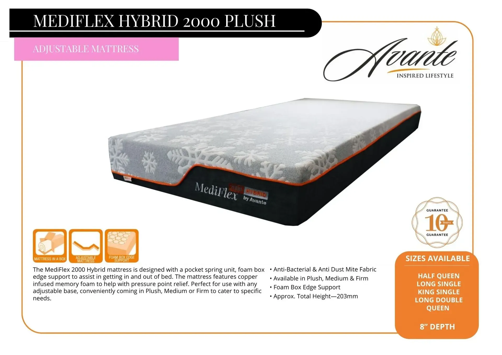 Black-and-gray hybrid 2000 plush mattress product ad with orange feature icons and branding
