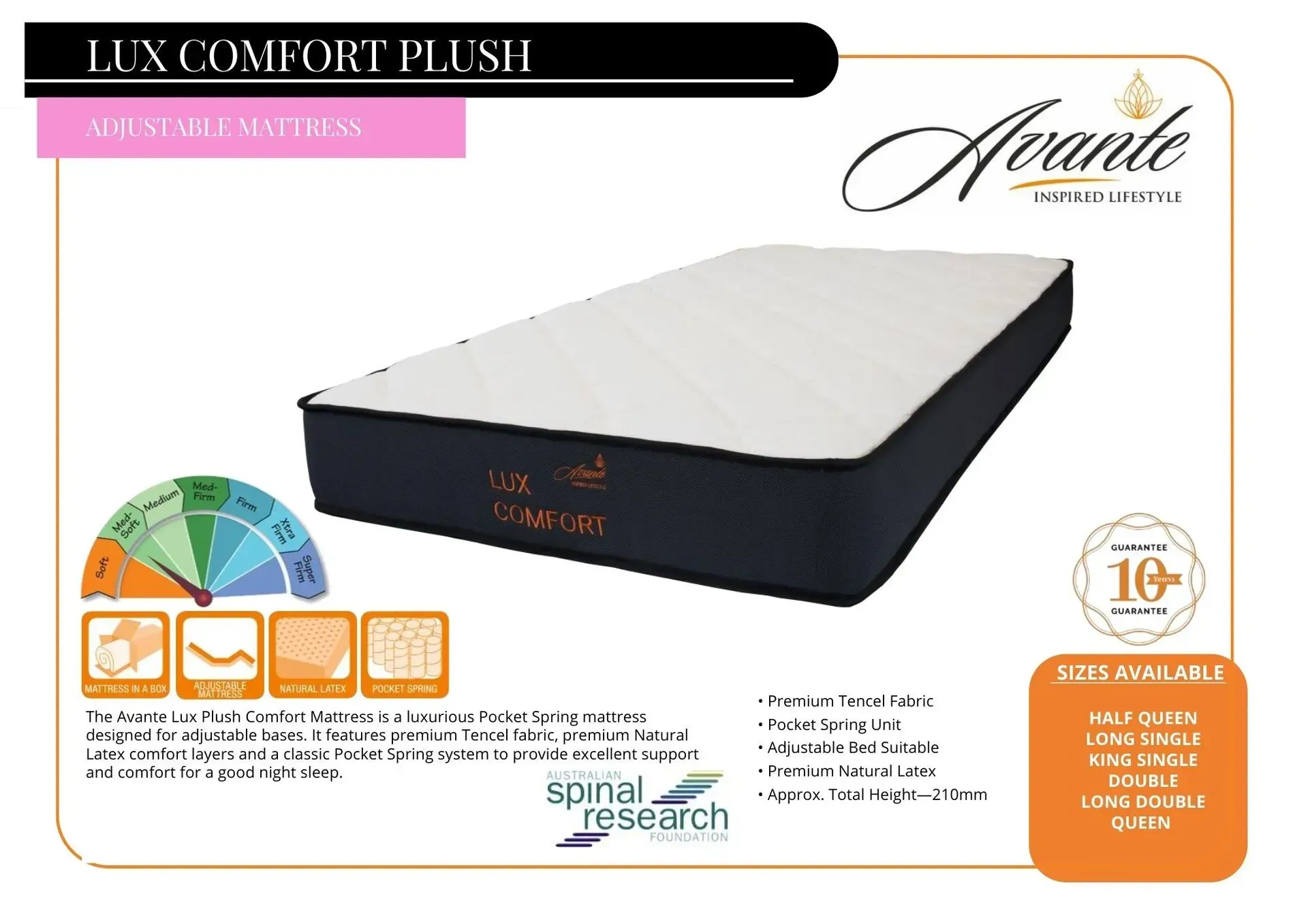 White and black luxury mattress product ad with brand logo and feature icons