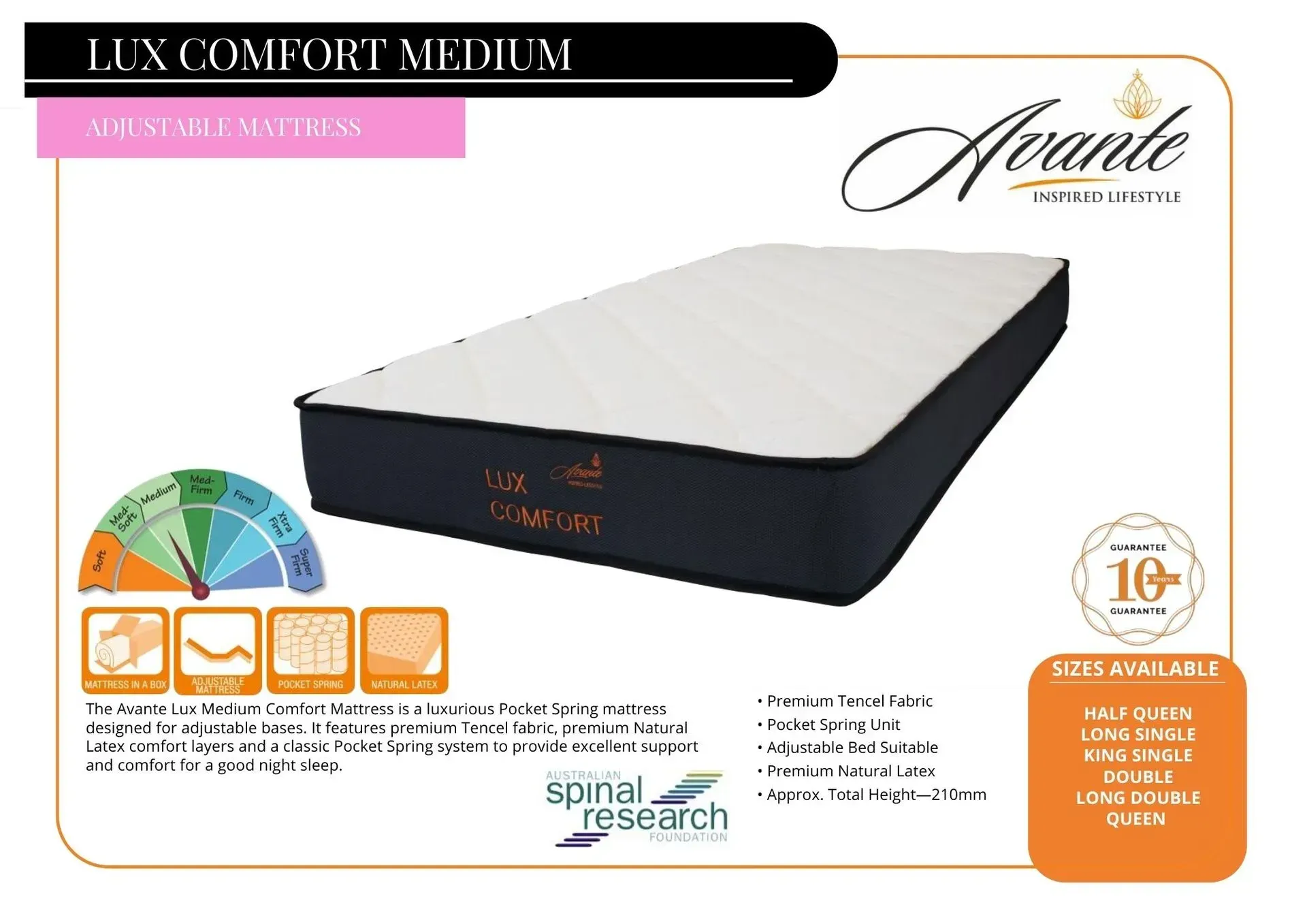 Lux Comfort Medium mattress ad showing a black and white mattress with feature icons and brand logo