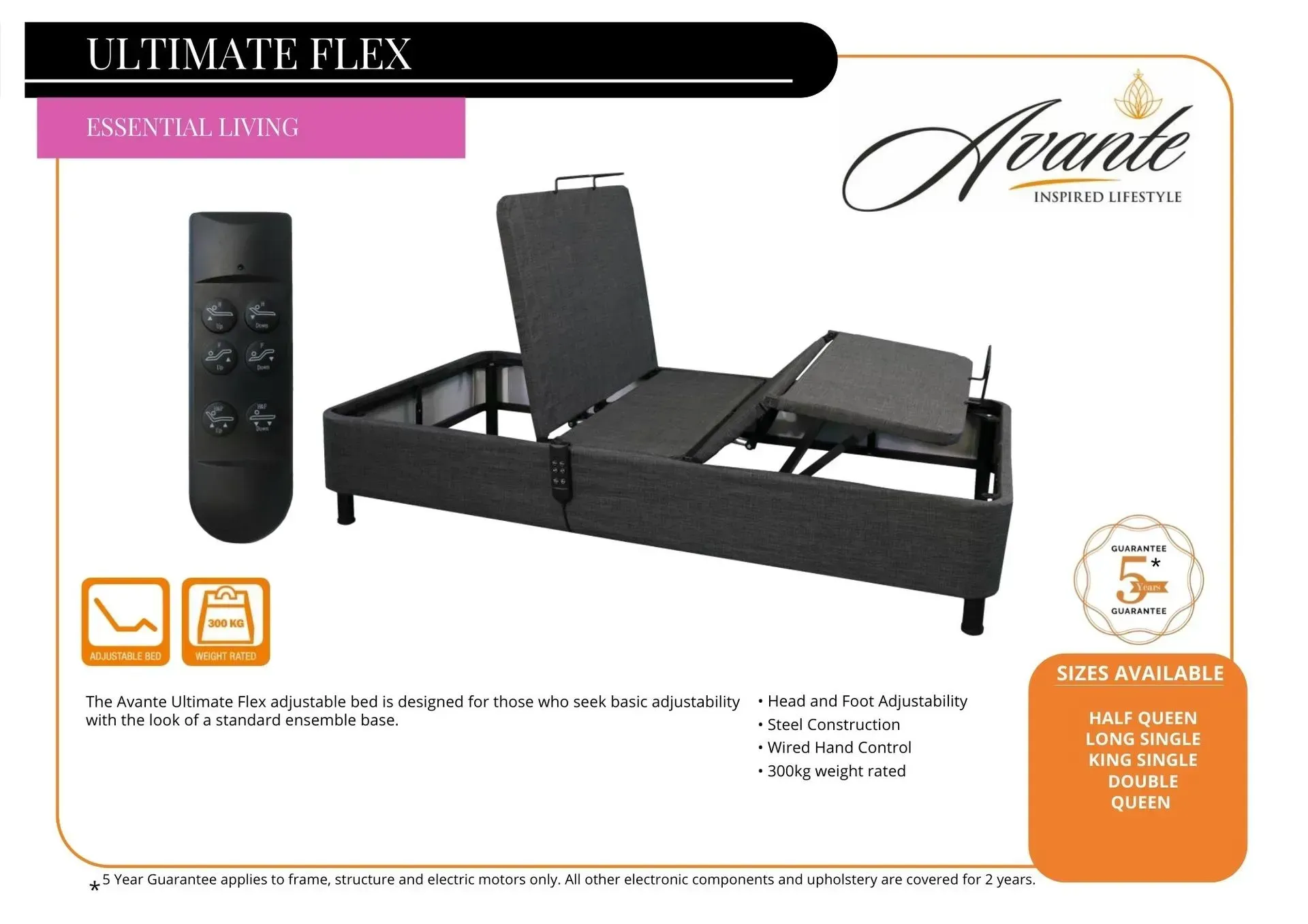 Adjustable black bed base with remote control and branded product labels