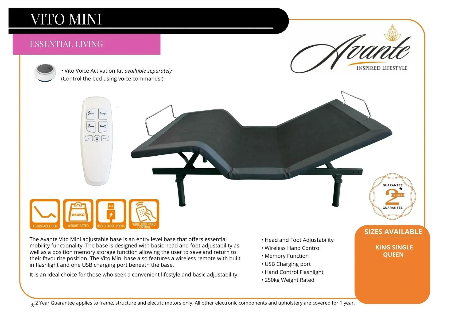 Black adjustable VITO MINI massage bed with remote control and feature icons on a white promo layout