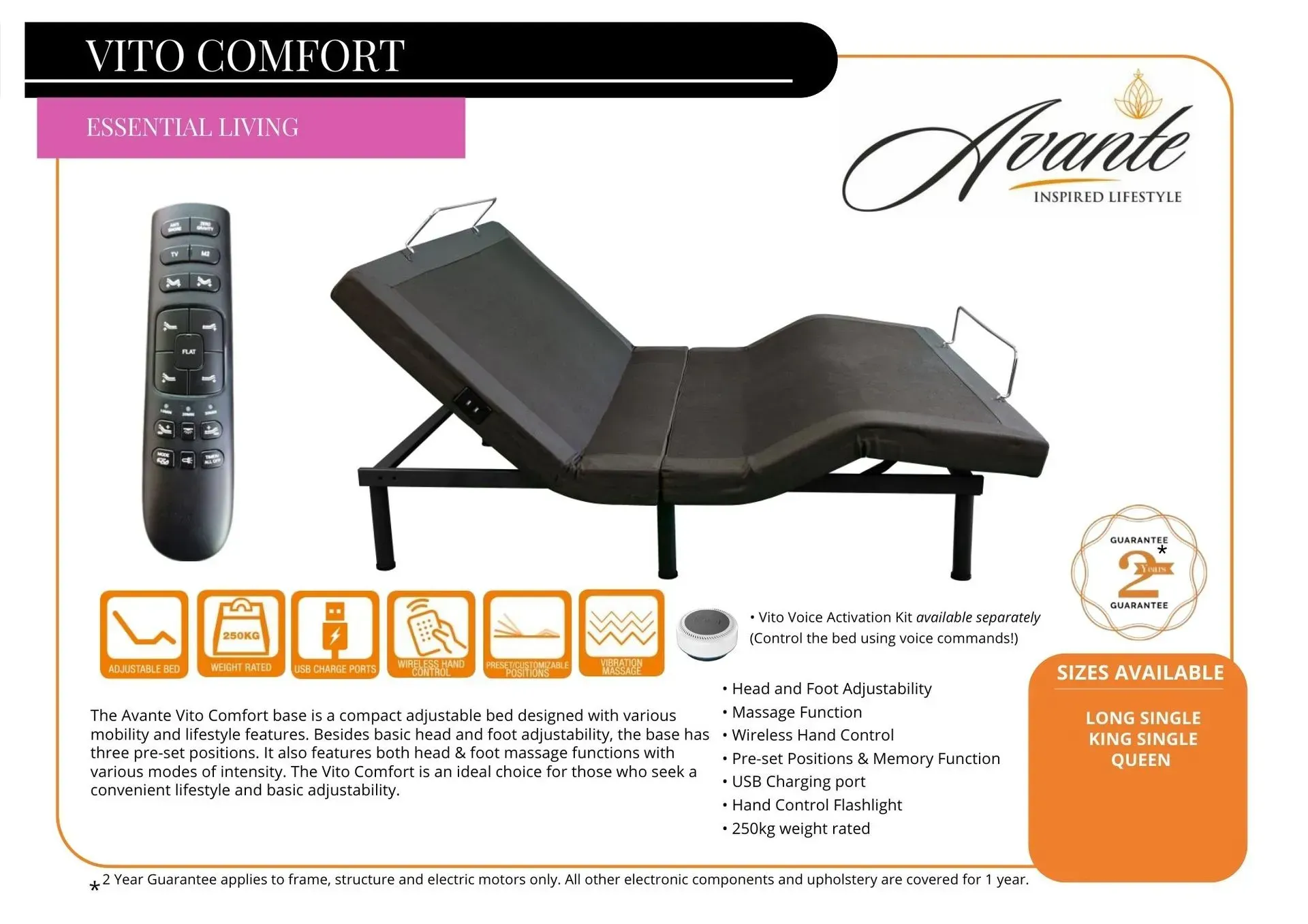 Adjustable black Vito Comfort lounge bed with remote control and feature icons