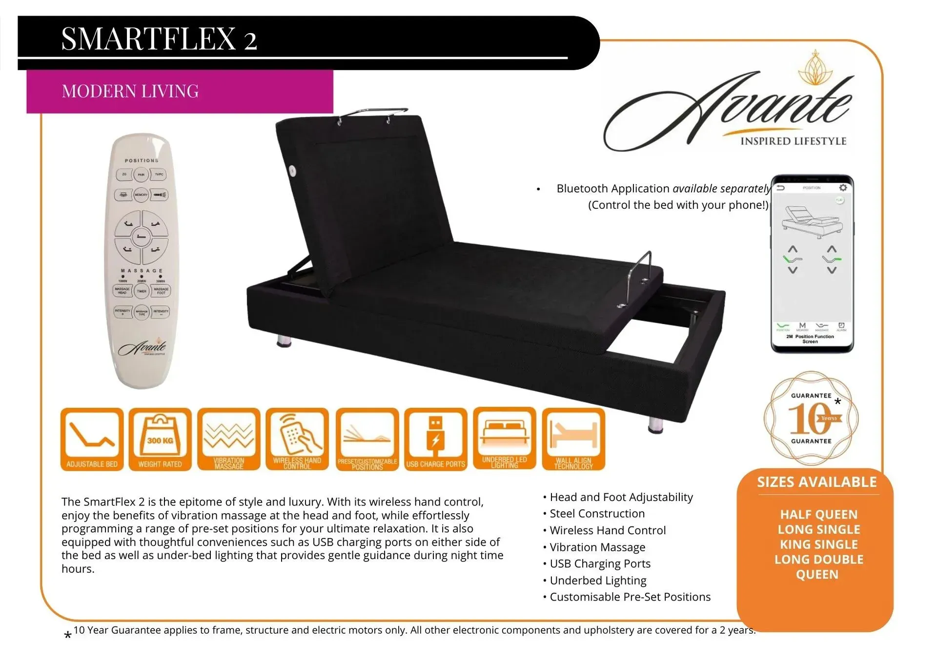 Black adjustable massage bed with handheld remote and feature icons on a product brochure.