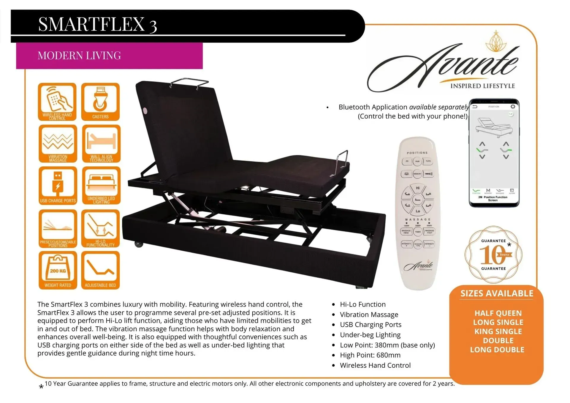 Adjustable black SmartFlex bed with remote control, shown in product ad with feature icons and text.