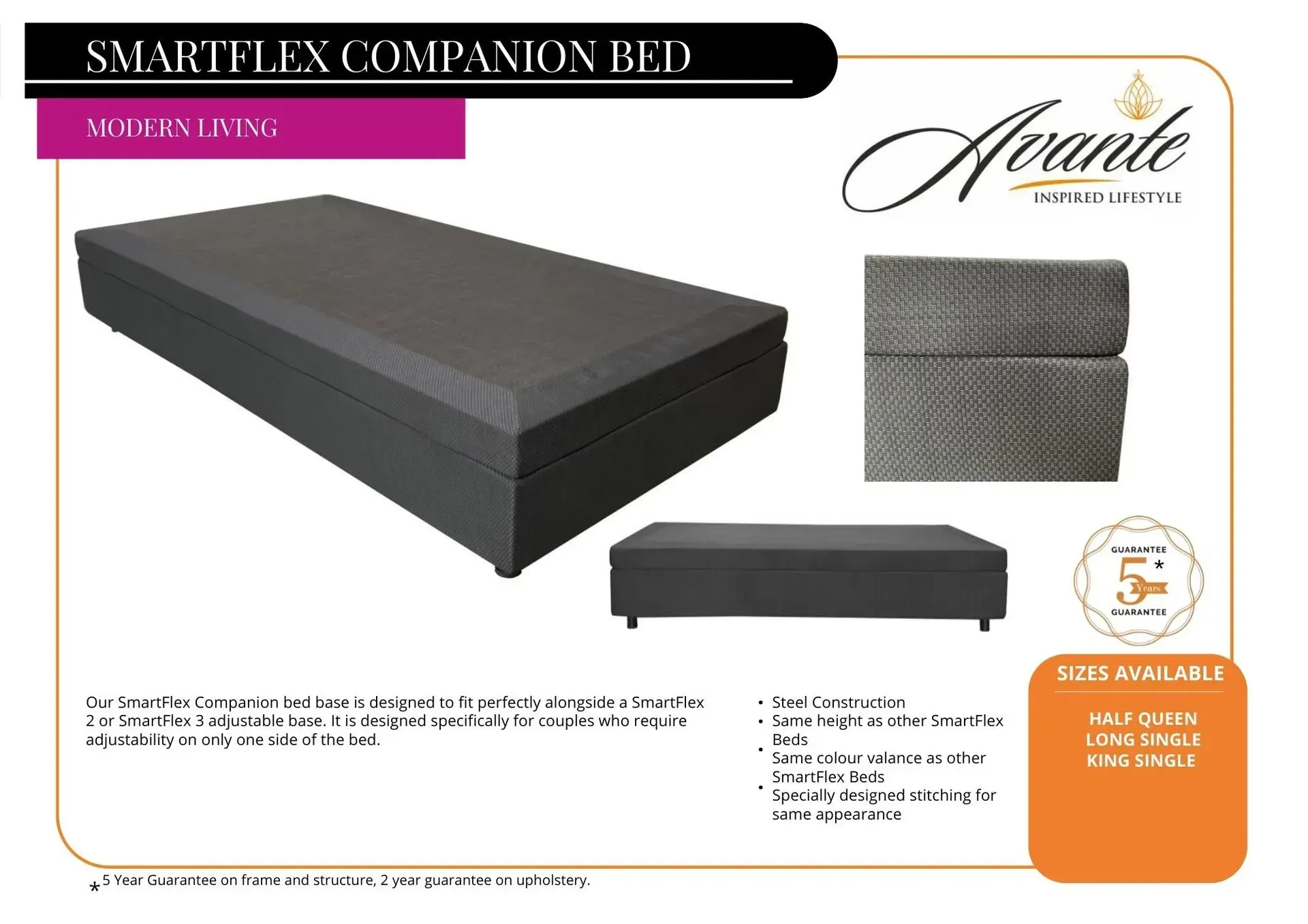 Smartflex companion bed in dark gray with product details and brand logo