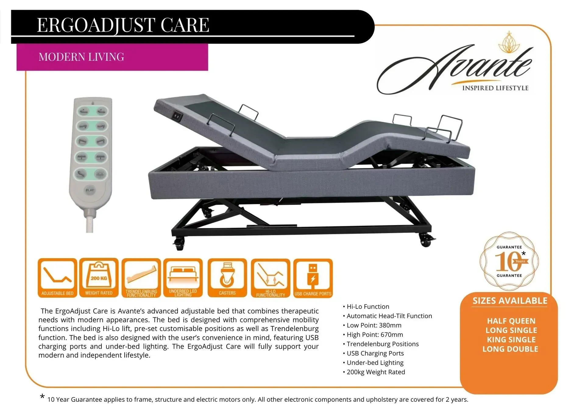 Adjustable black and gray electric massage bed with remote control and feature icons on a white background