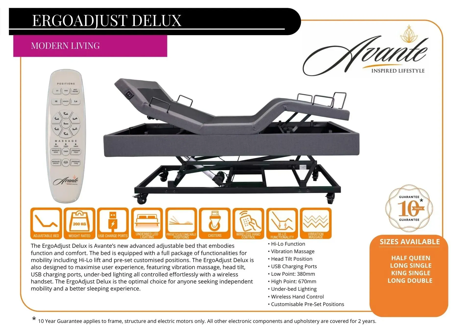 Black adjustable electric hospital bed product ad with remote and feature icons.