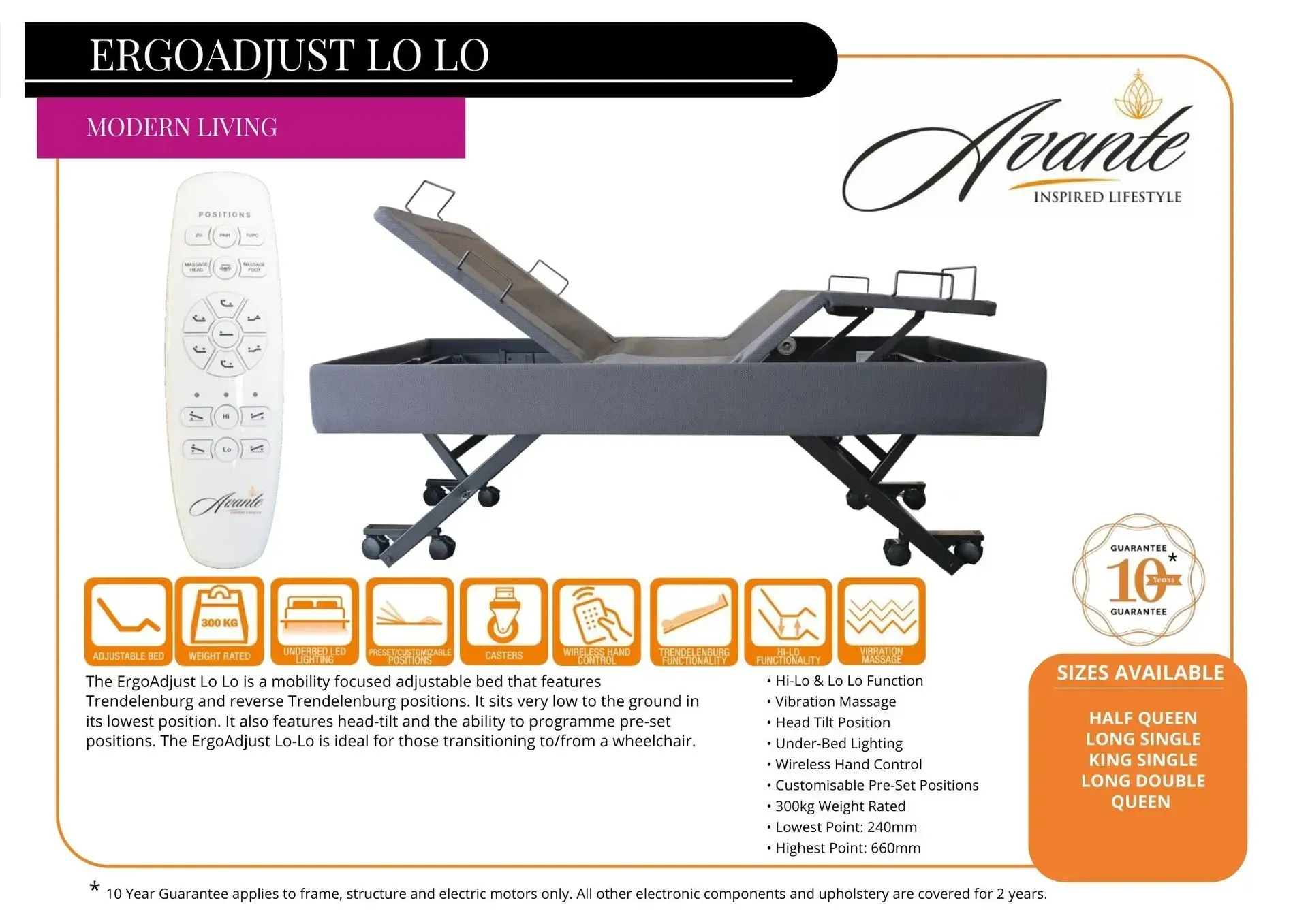 Adjustable black electric massage bed with remote control and product features on white background