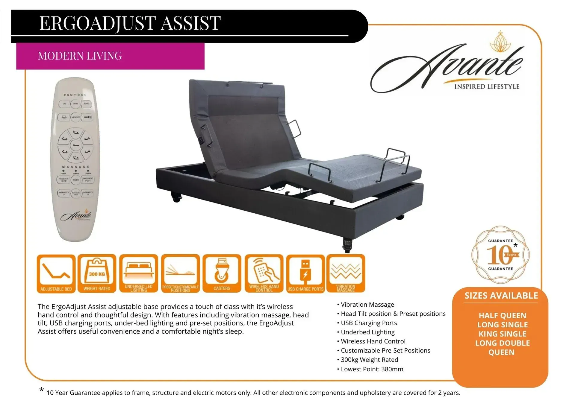 Adjustable black ergonomic bed frame with side rail and product details on white background