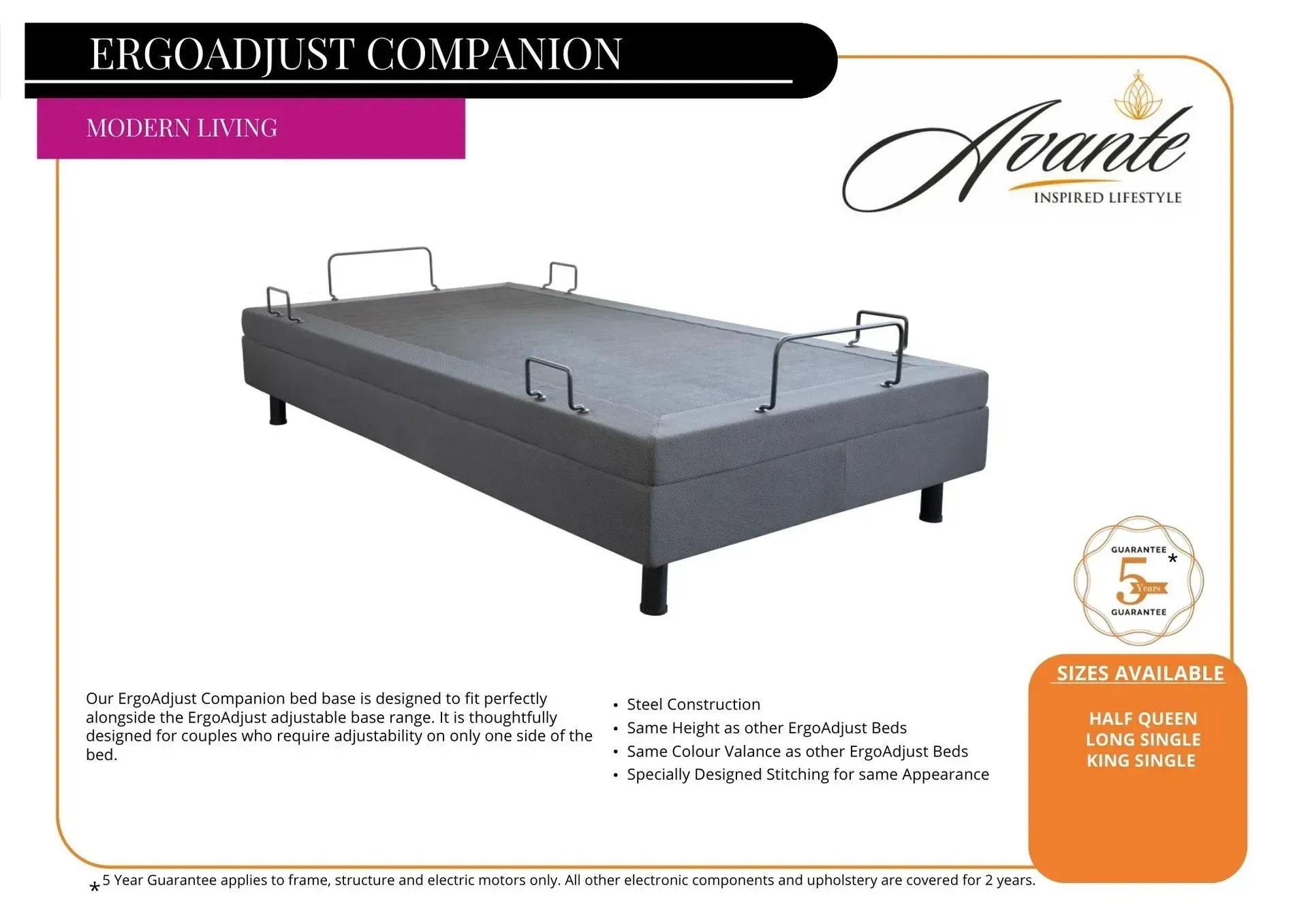 Black ergonomic companion bed frame with gray mattress and gold brand logo on a white catalog page