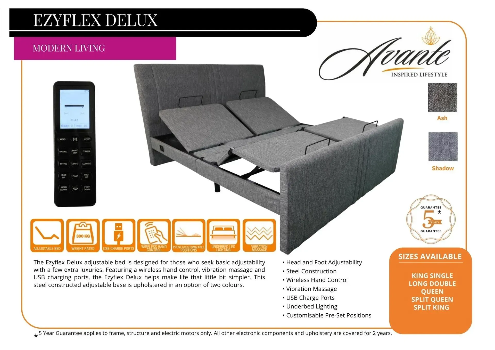 Gray adjustable sofa bed with remote control and feature icons in product ad