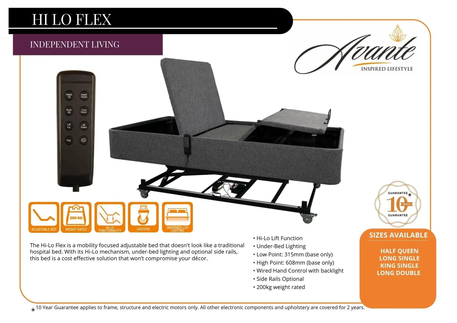 Black adjustable reclining sofa bed with remote control and orange feature icons on white background