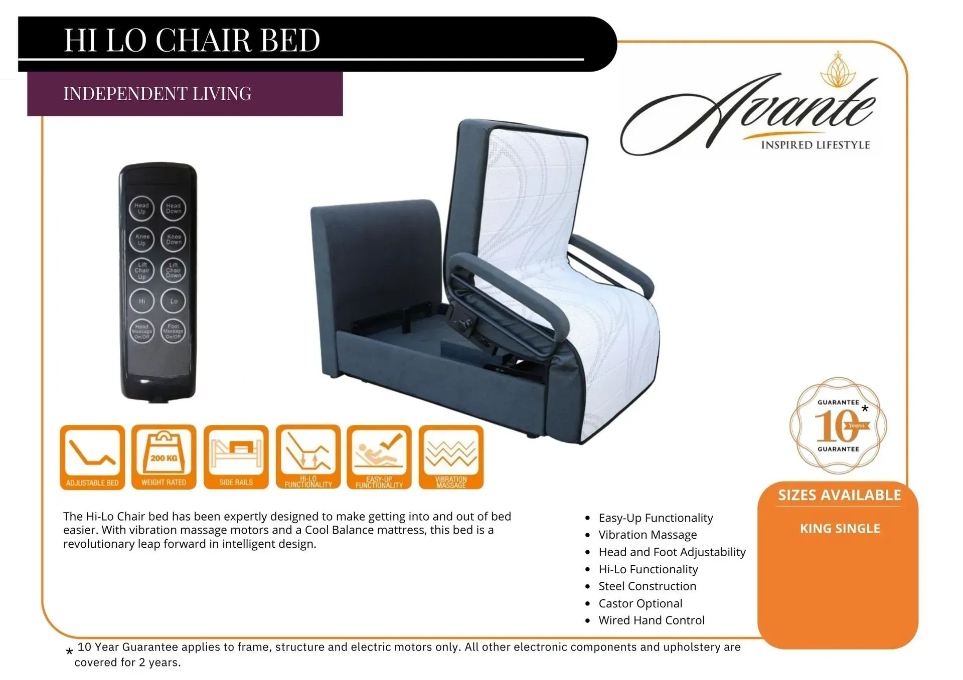 Black and white recliner chair bed with remote control and feature icons on a product ad