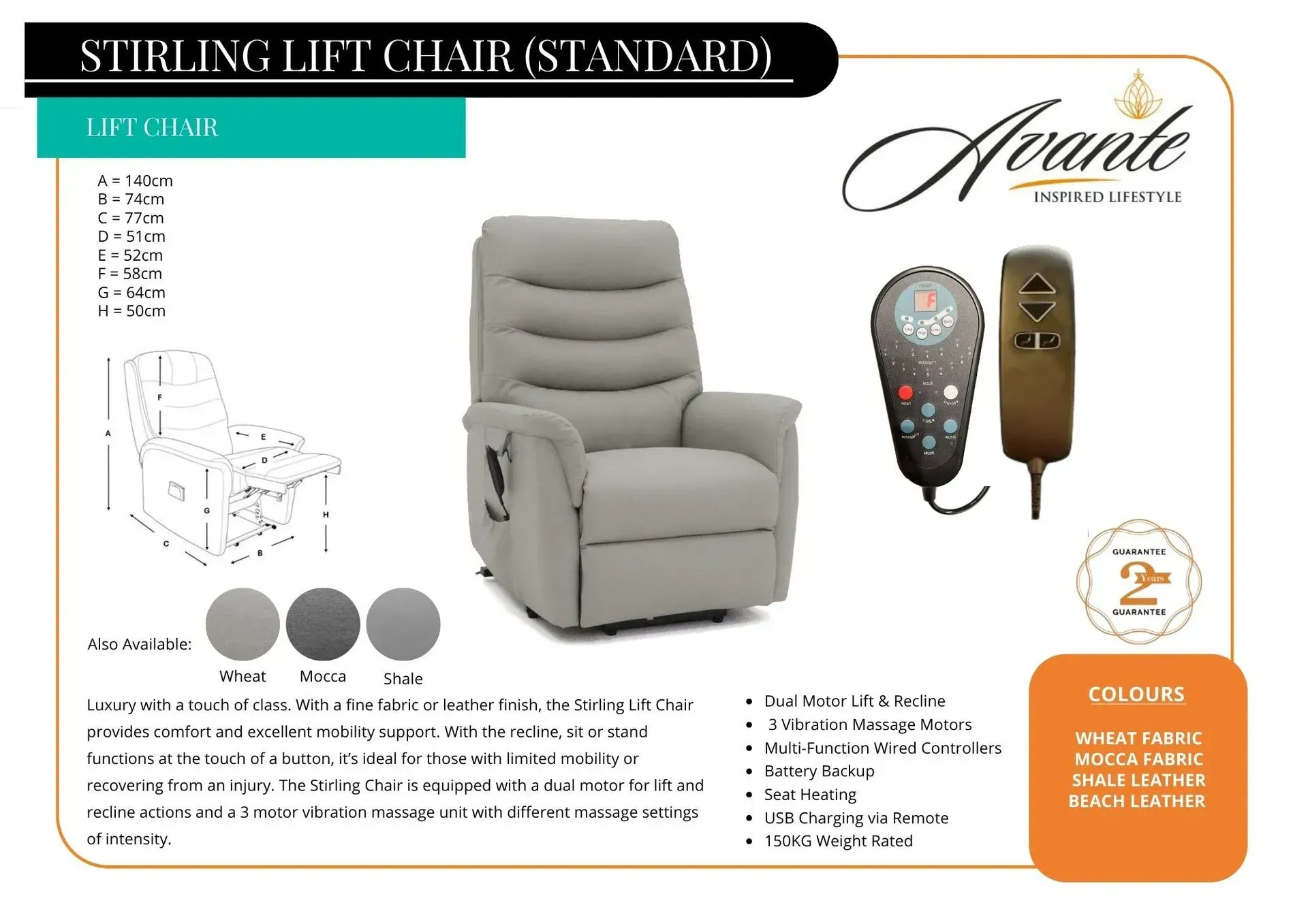 Gray lift chair recliner product ad with remote controls and color options shown