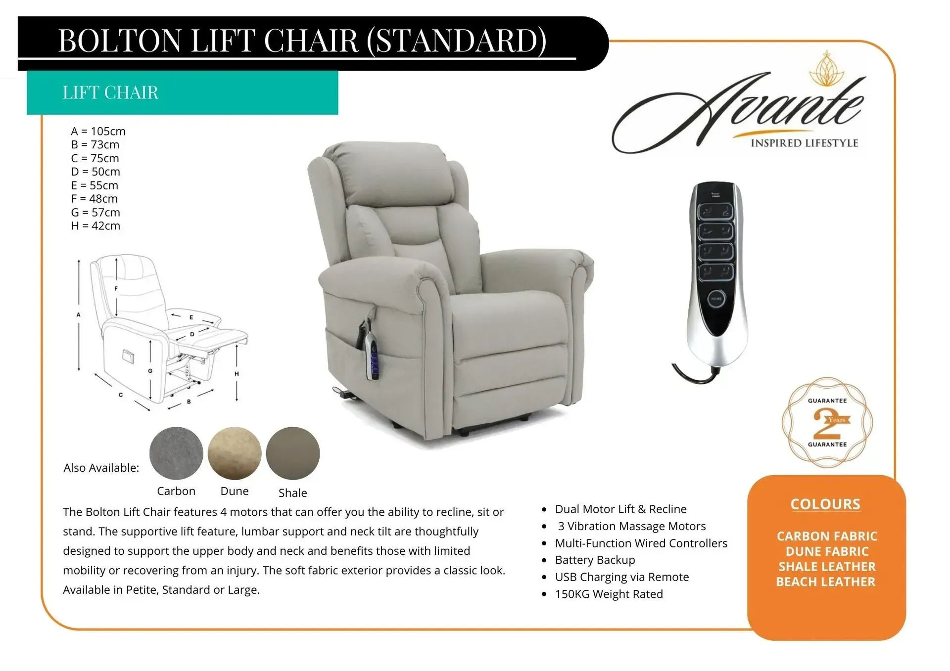 Grey leather lift chair recliner product ad with remote and color swatches