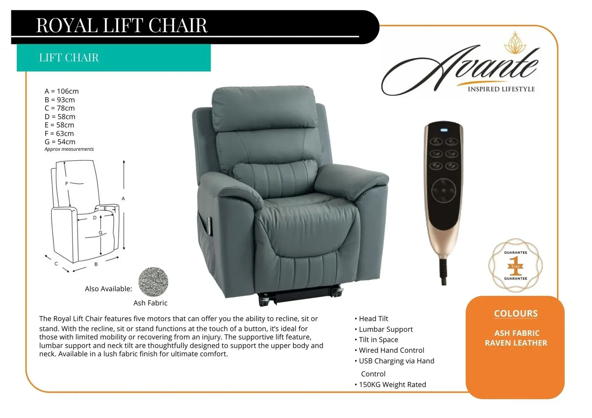Product ad for a gray royal lift chair with remote control and feature callouts on a white background