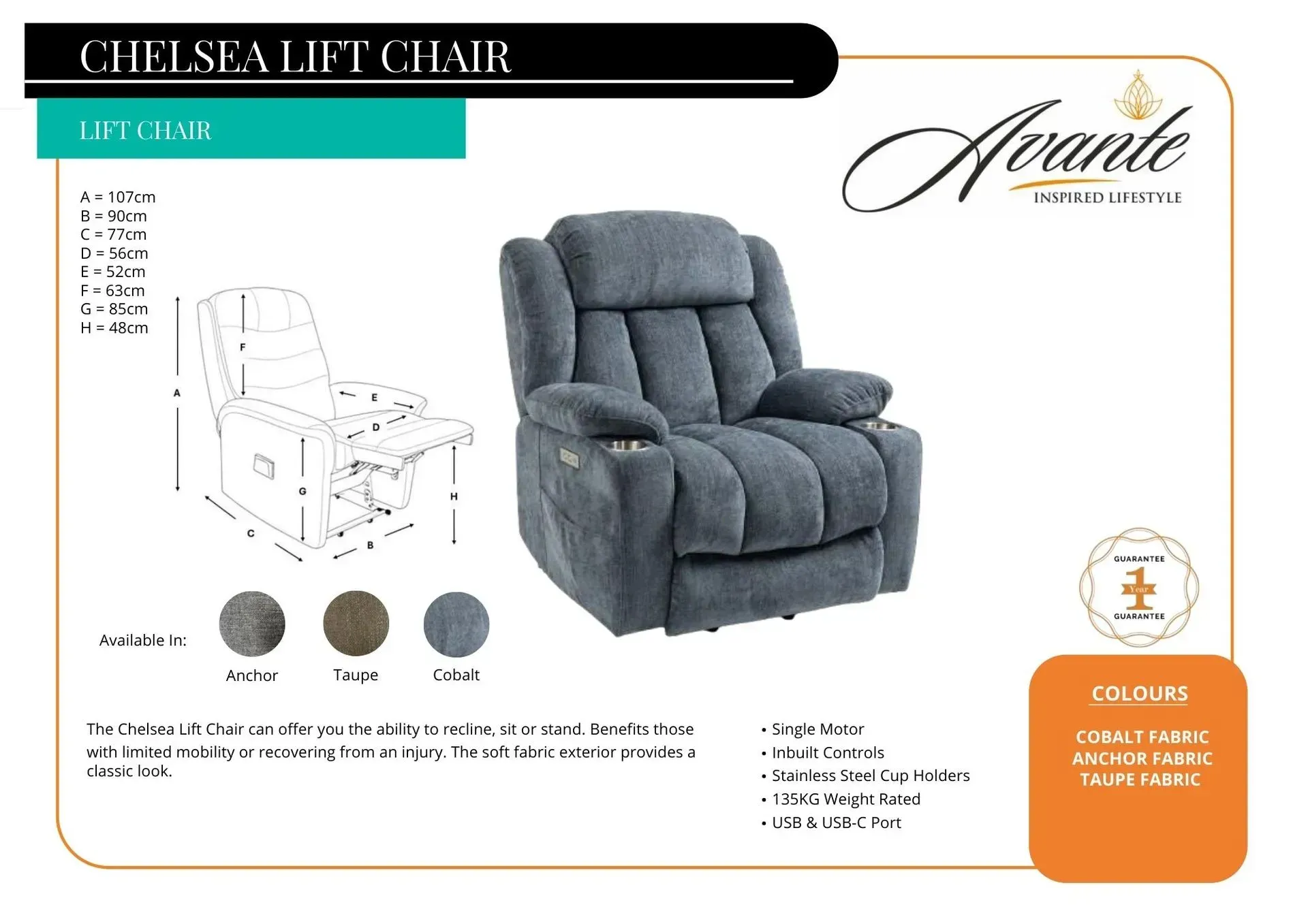 Blue-gray chelsea lift chair product ad with reclined and seated views, fabric swatches, and price badge