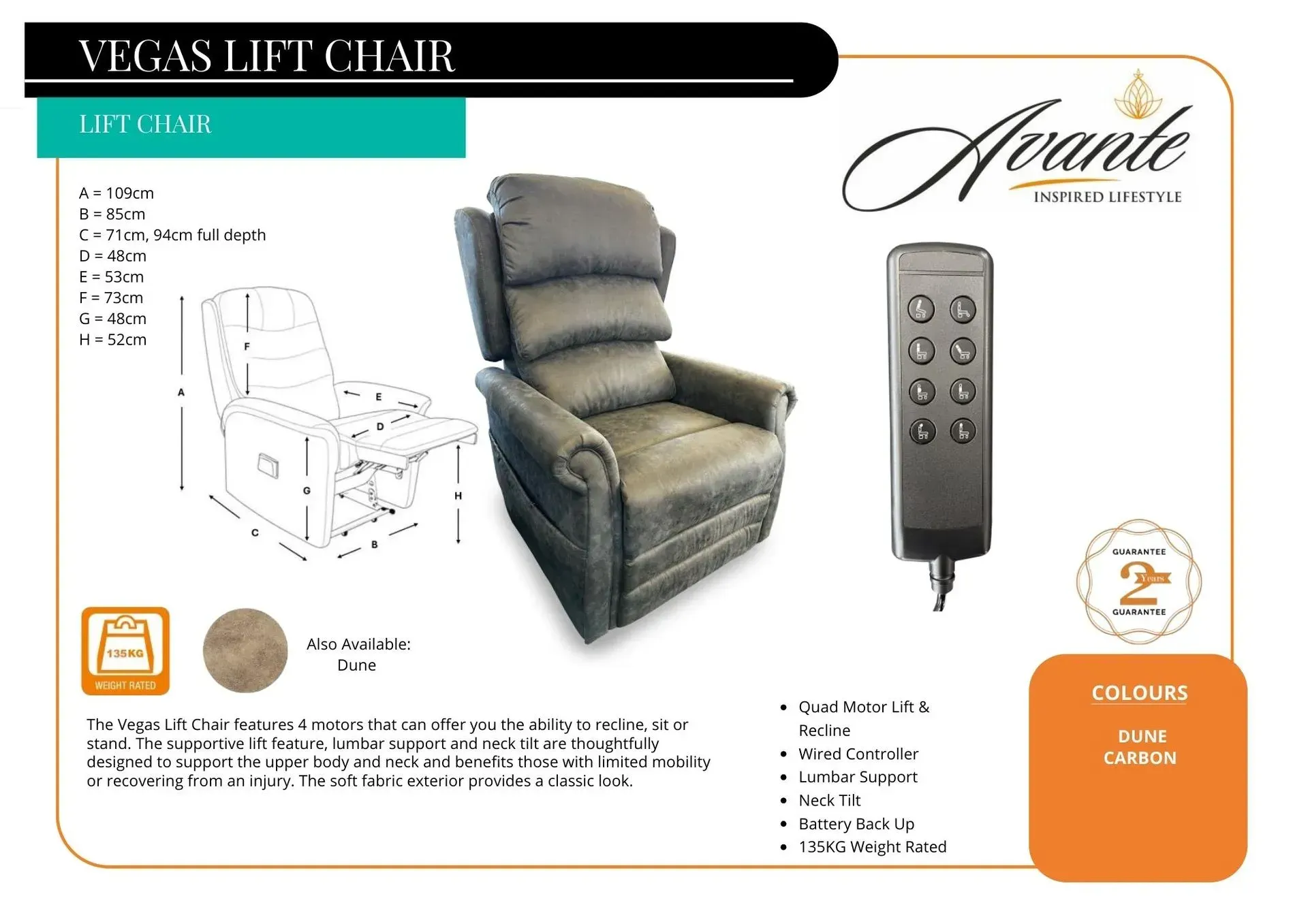 Lift chair product ad showing a gray recliner, remote control, and feature callouts