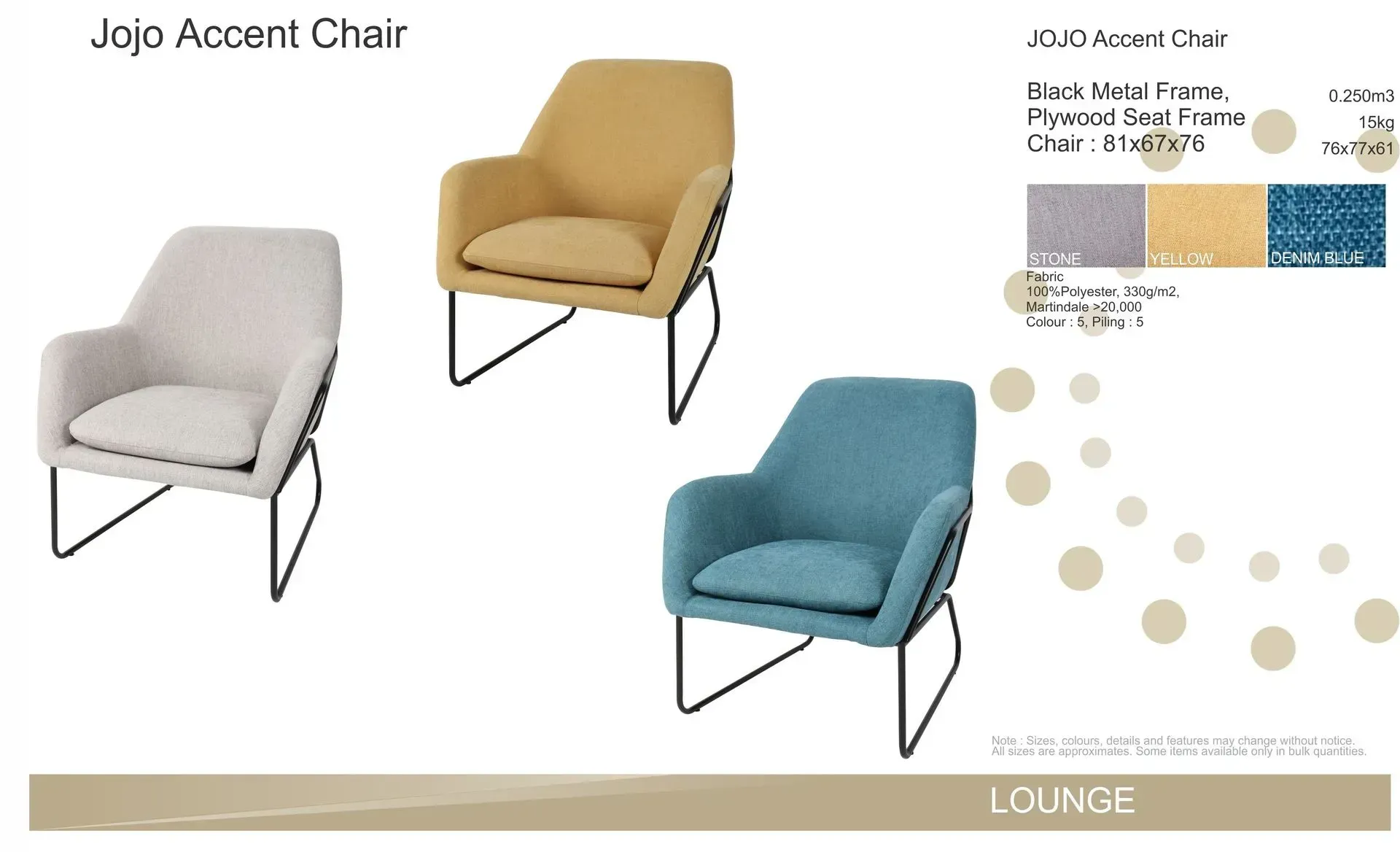 Jojo accent chair shown in gray, mustard, and blue with metal legs on a product layout