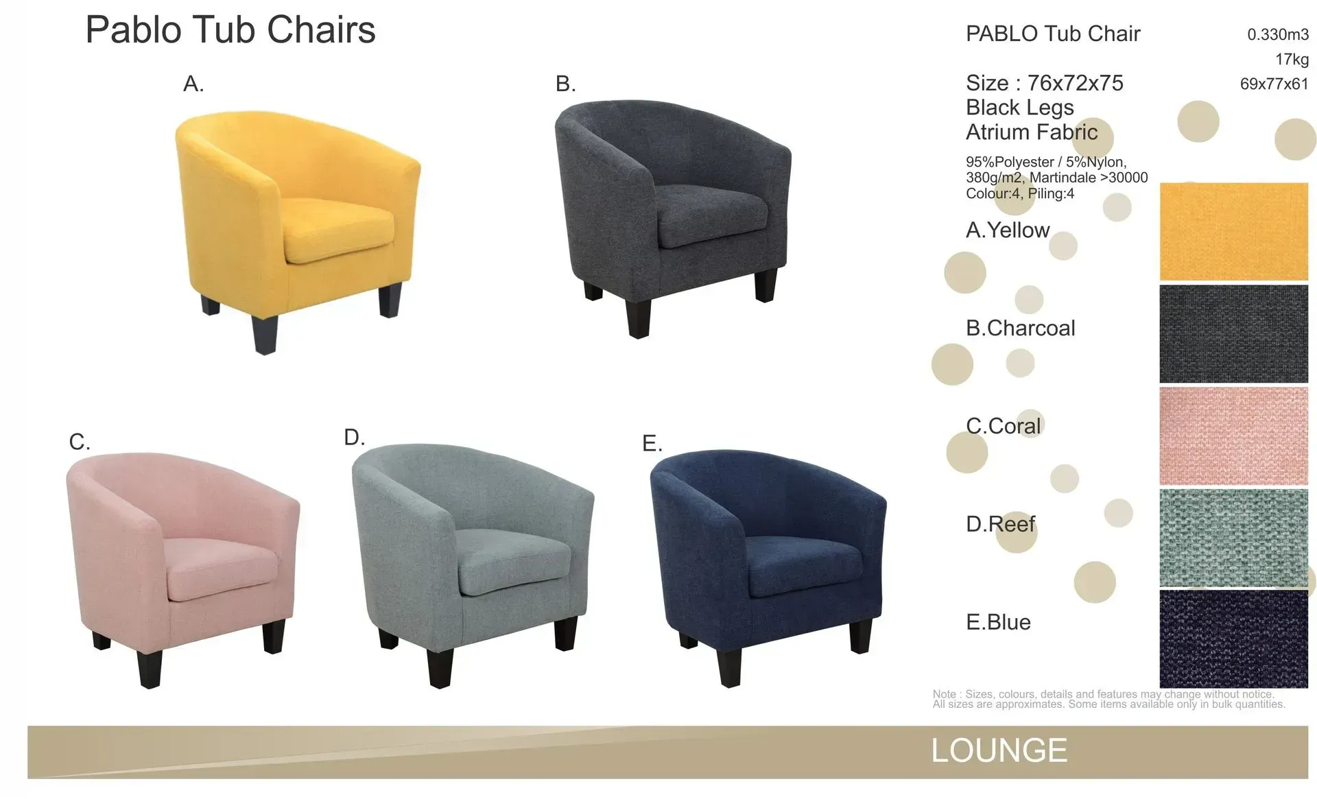 Pablo Tub Chairs product sheet showing five lounge chairs in mustard, charcoal, blush, gray, and navy with fabric swatches.