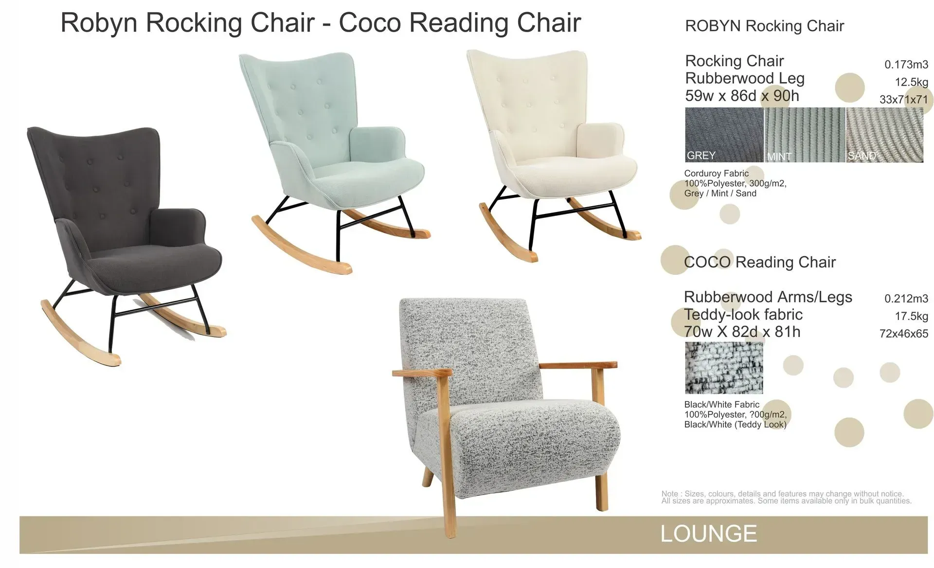 Collage of modern rocking chairs in gray, mint, and ivory with gold curved bases, plus floral upholstered armchair.