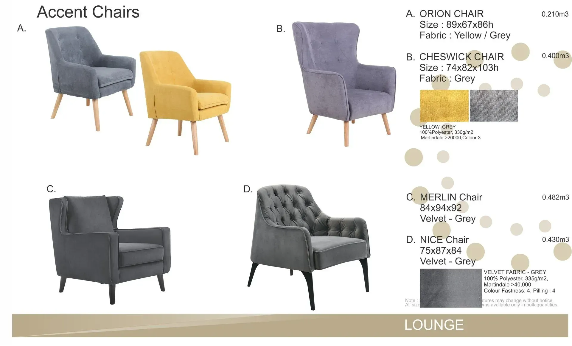 Four lounge accent chairs in gray, yellow, charcoal, and tufted gray on a catalog layout.