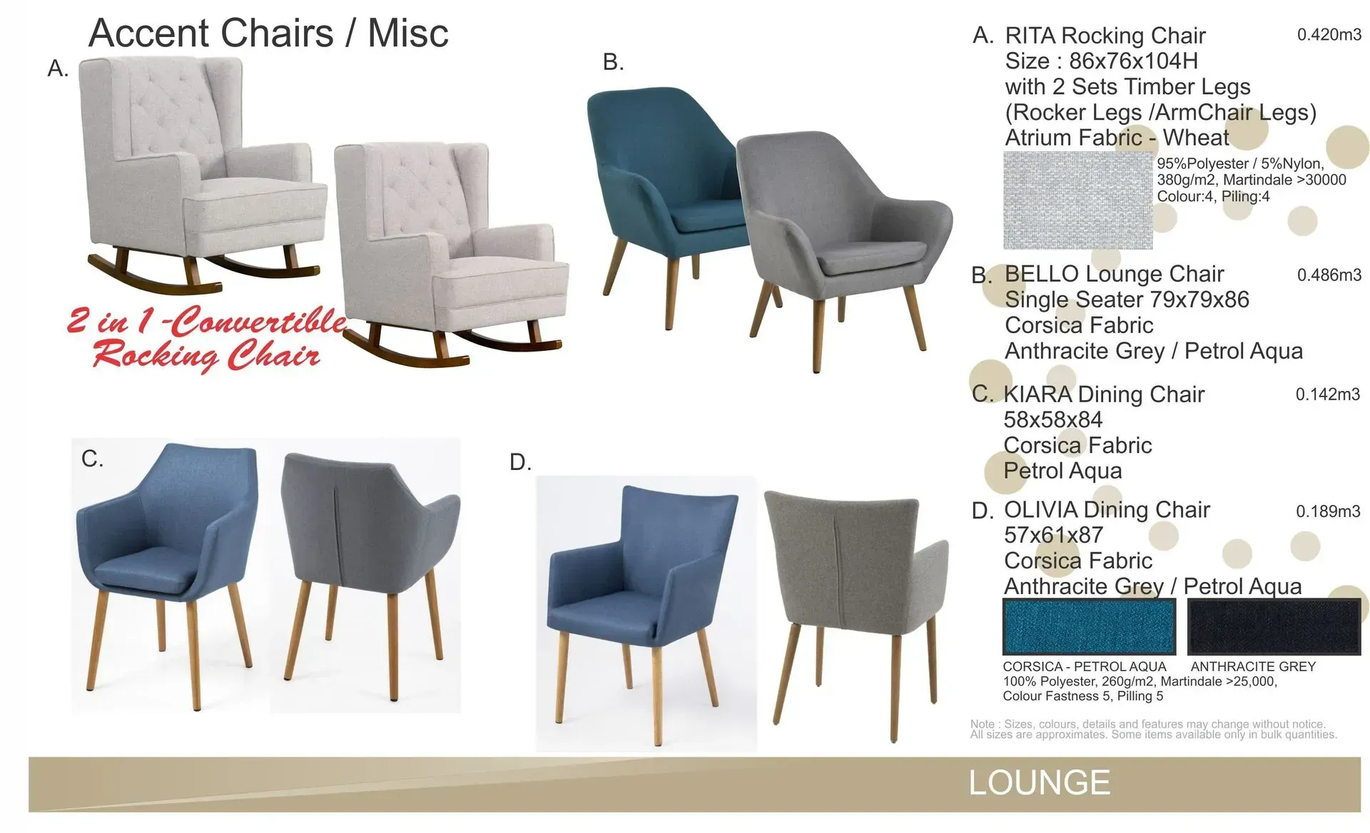 Catalog of upholstered accent chairs in beige, blue, and gray on a white background