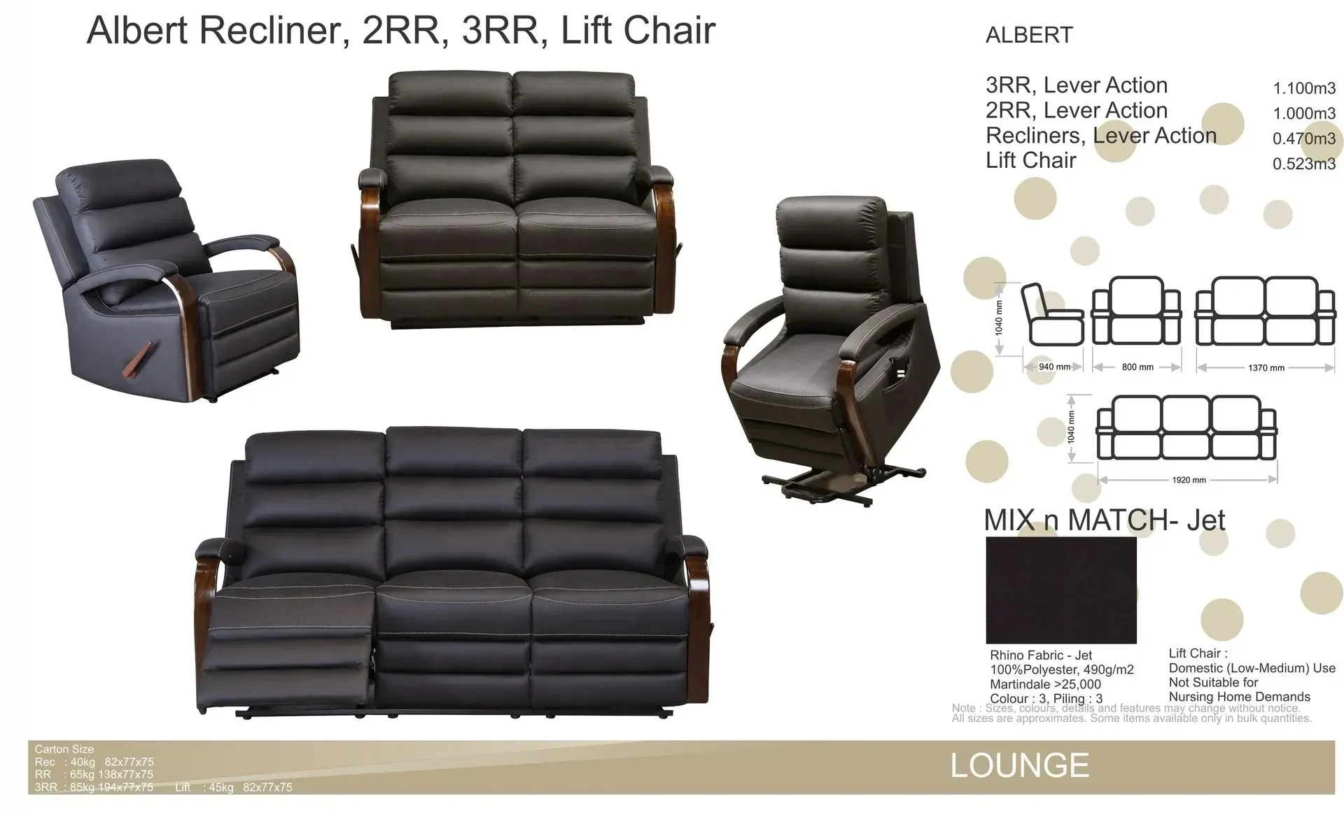 Brown leather reclining chair and matching sofa set shown in a product catalog layout.
