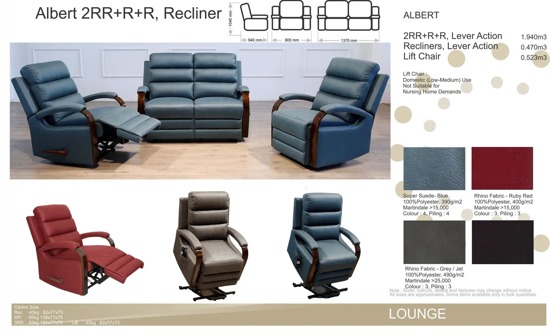 Catalog of three power recliner chairs in blue, burgundy, and brown, with fabric color swatches and dimensions.