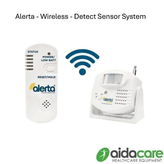 Wireless sensor system with white alert transmitter and receiver, blue signal icon, AIDACARE branding