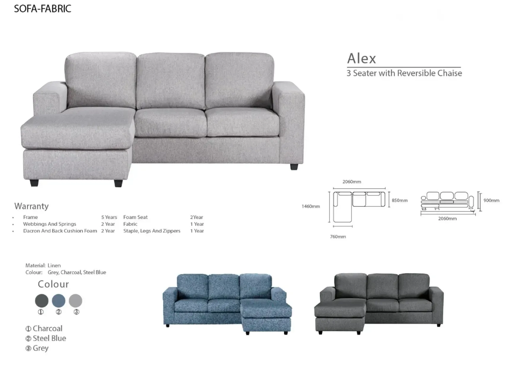 Gray sectional sofa product sheet with dimensions and blue and dark gray color options