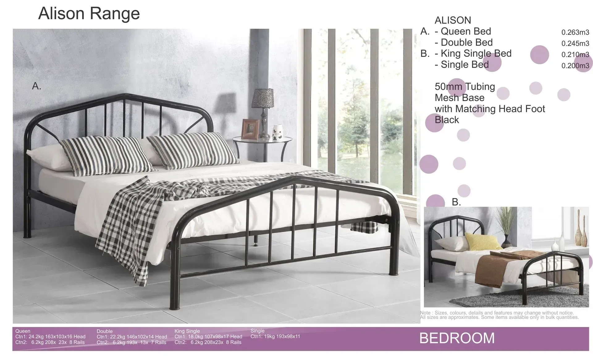 Black metal daybed with striped bedding in a bright bedroom showroom; Alison Range, bedroom furniture catalog.
