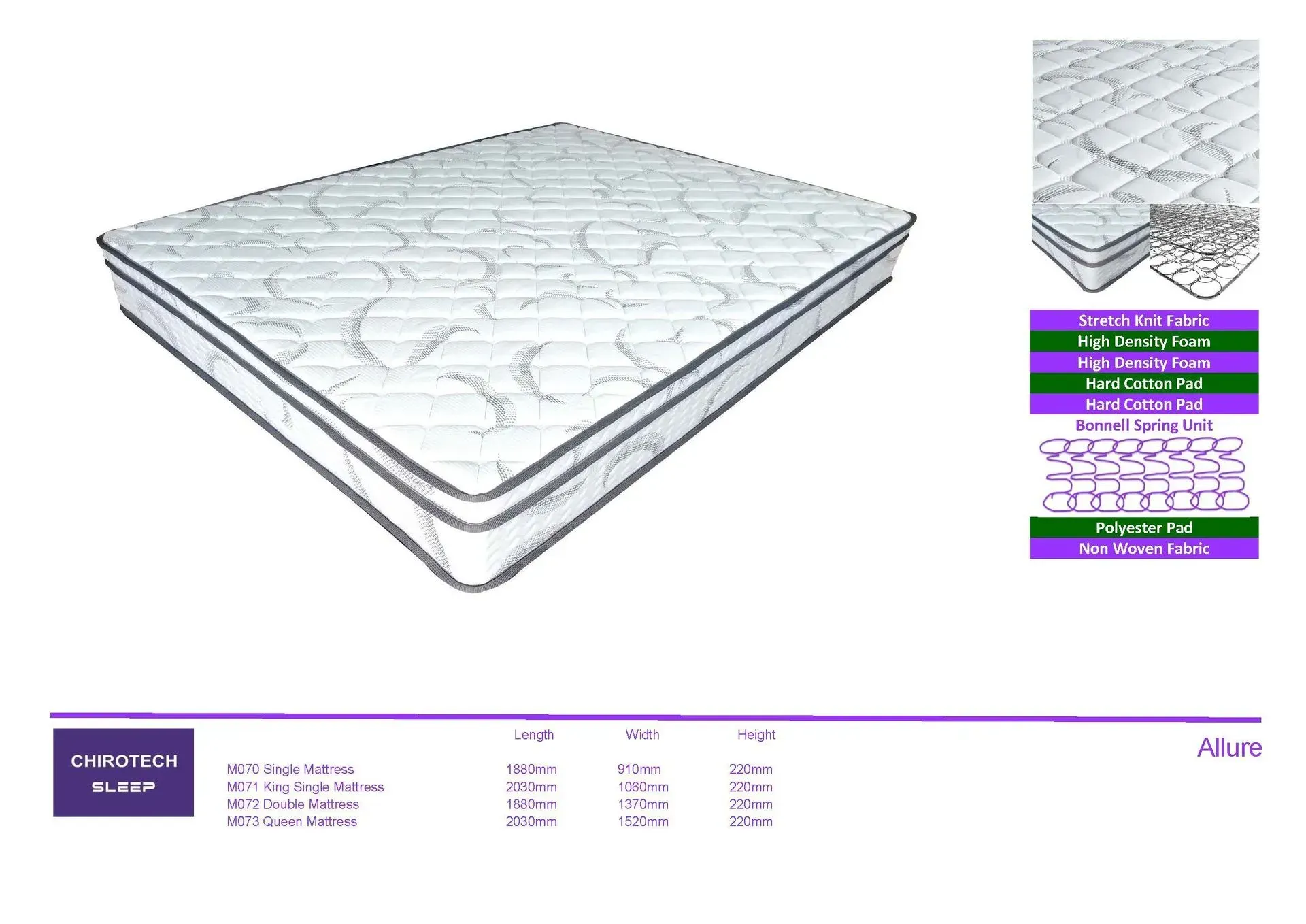 White quilted mattress topper with layers shown in a product diagram on a white background