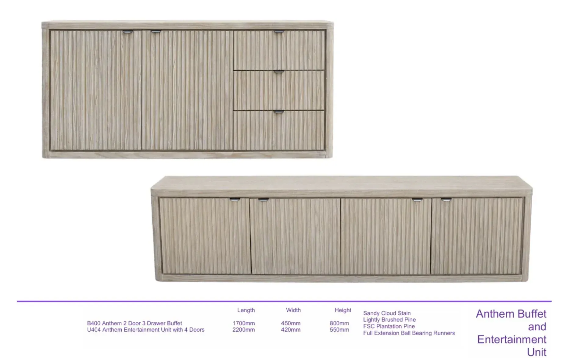 Two beige wood buffet cabinets with slatted fronts, shown in a catalog-style product image.