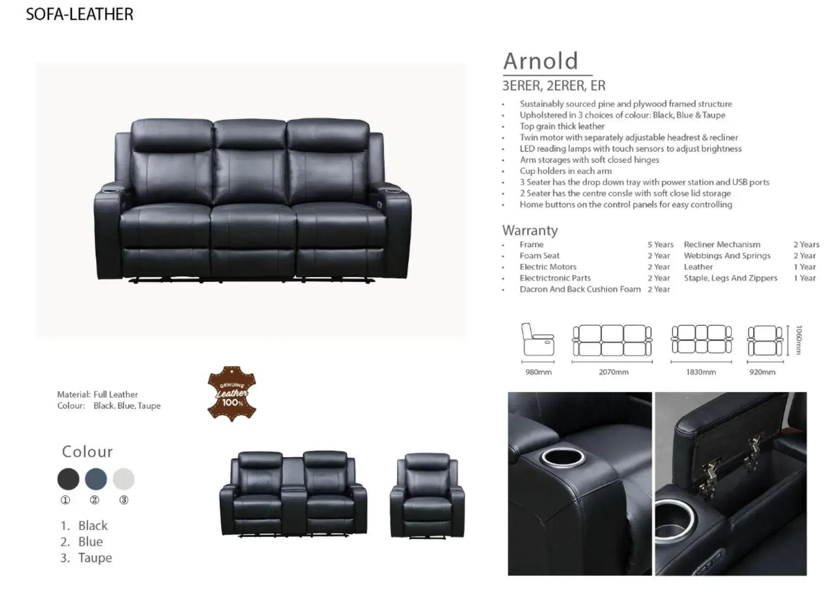 Black leather sofa product collage with front, side, and close-up views