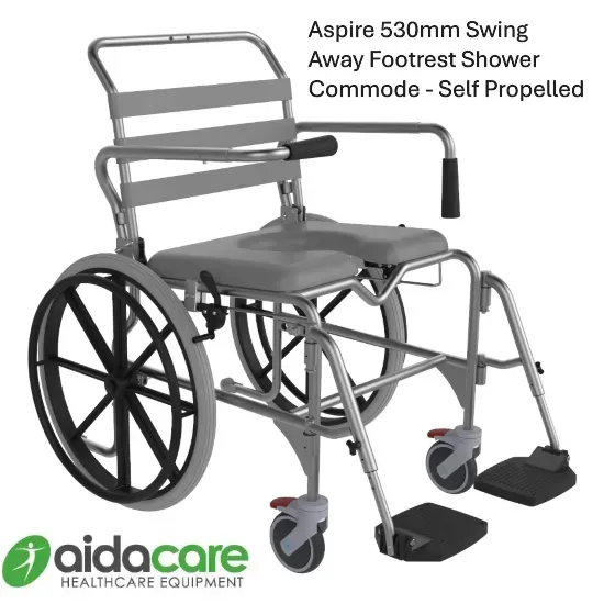 Grey self-propelled shower commode wheelchair with large rear wheels and footrests