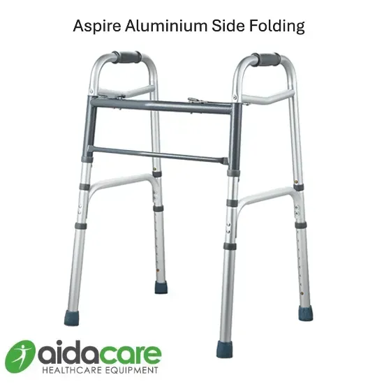 Silver aluminum folding walker with side rails, shown on a white background.