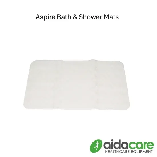 White rectangular bath and shower mat on a white background, labeled Aspire Bath & Shower Mats.
