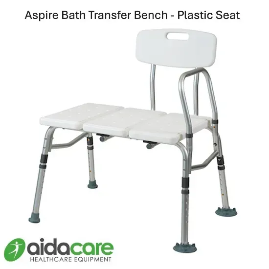 White plastic bath transfer bench with backrest and adjustable legs, shown on a white background.