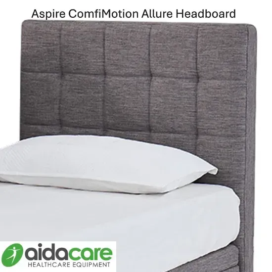 Gray upholstered bed headboard with white bedding on a bed