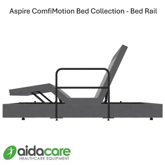 Aspire ComfiMotion bed rail shown on an adjustable hospital bed in black and gray.