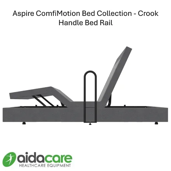 Aspire ComfiMotion bed rail with crook handle on adjustable hospital bed, side view.