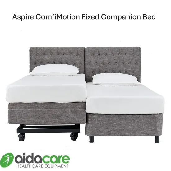 Aspire ComfiMotion fixed companion bed, grey twin adjustable beds with shared headboards