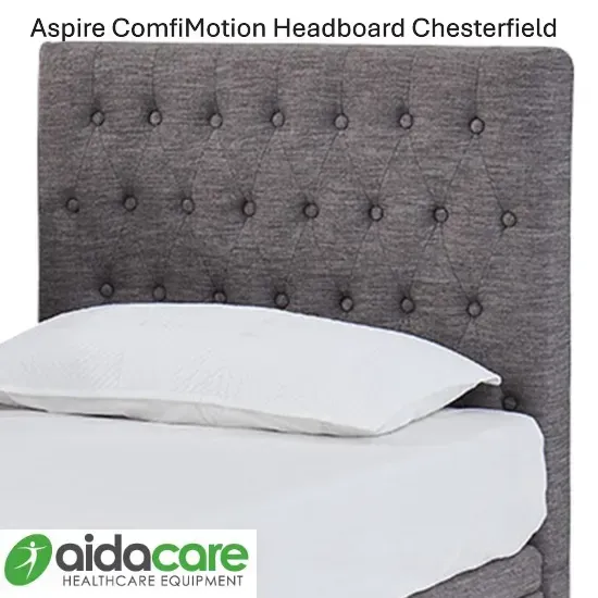 Grey button-tufted upholstered Chesterfield headboard with white bedding and Aidacare logo