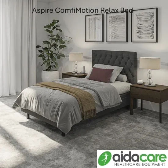 Modern gray bedroom with upholstered bed, bedside tables, lamp, plant, and framed wall art