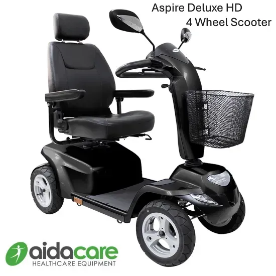 Black four-wheel mobility scooter with seat, basket, and mirrors on a white background.