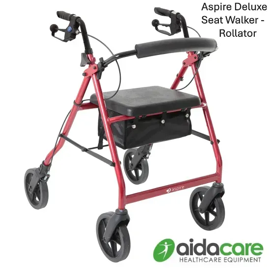 Red Aspire Deluxe Seat Walker rollator with black seat and four wheels, shown on white background