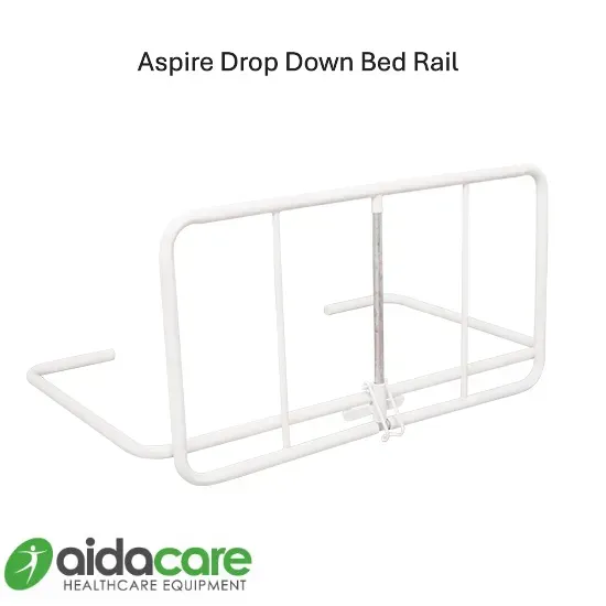 White drop-down bed rail with locking support bar and Aidacare logo on a white background